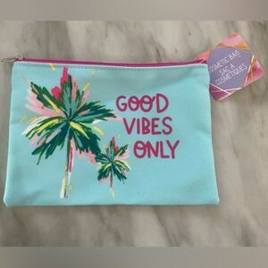 NWT Teal “Good Vibes Only” Tropical Palm Tree Cosmetic Bag Makeup, Pencil Pouch